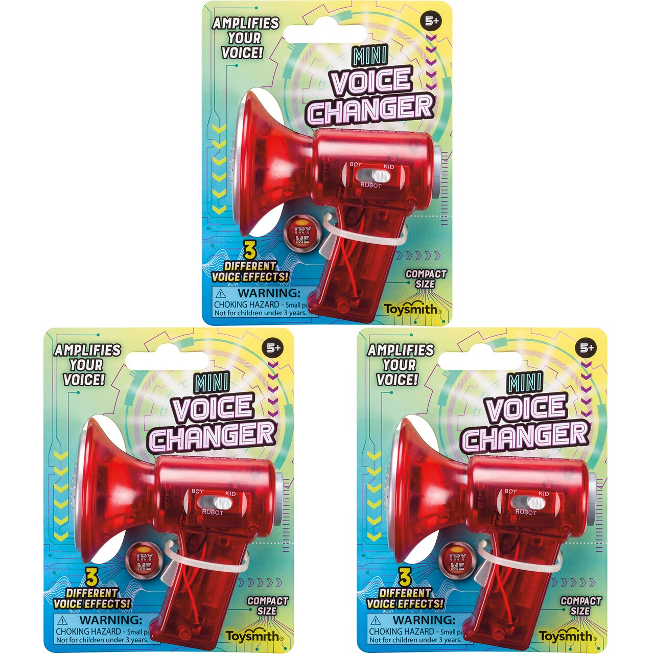 Toysmith Tech Gear Mini Multi Voice Changer, Amplifies Voice with 3 Different Voice Effects, for Boys & Girls Ages 5+ - 3 Pack (Colors Vary)